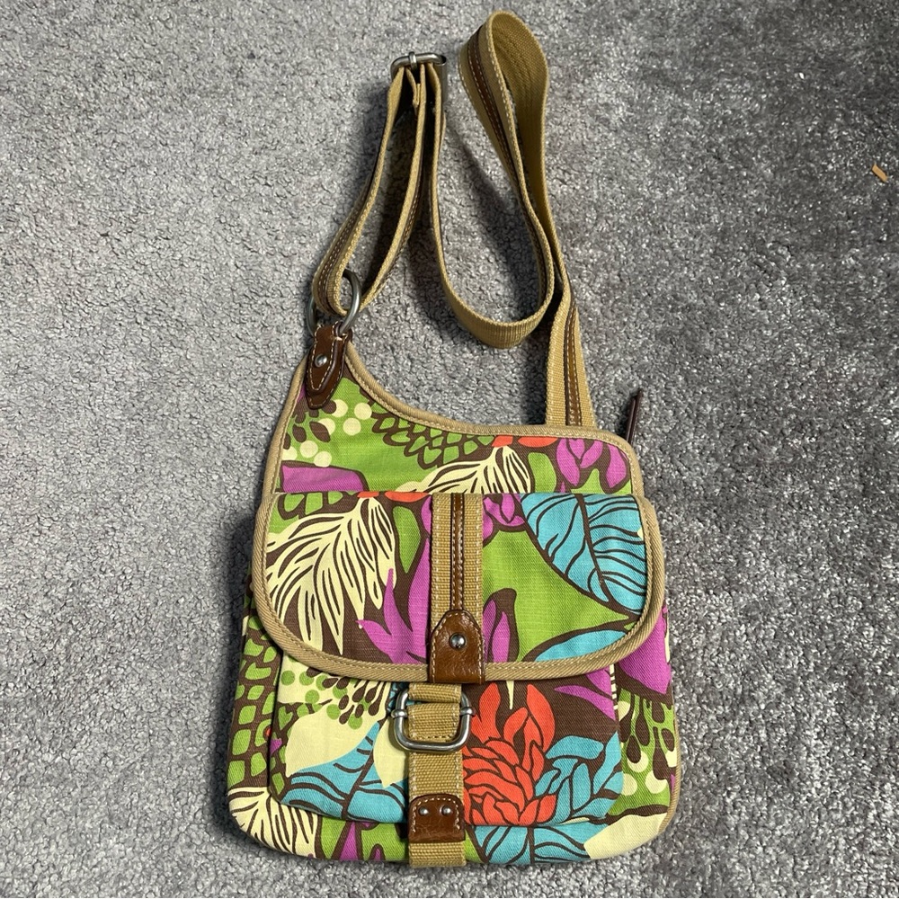 Fossil Womens Shoulder Purse Bag 9x10 Floral Leather Fabric Magnet Close